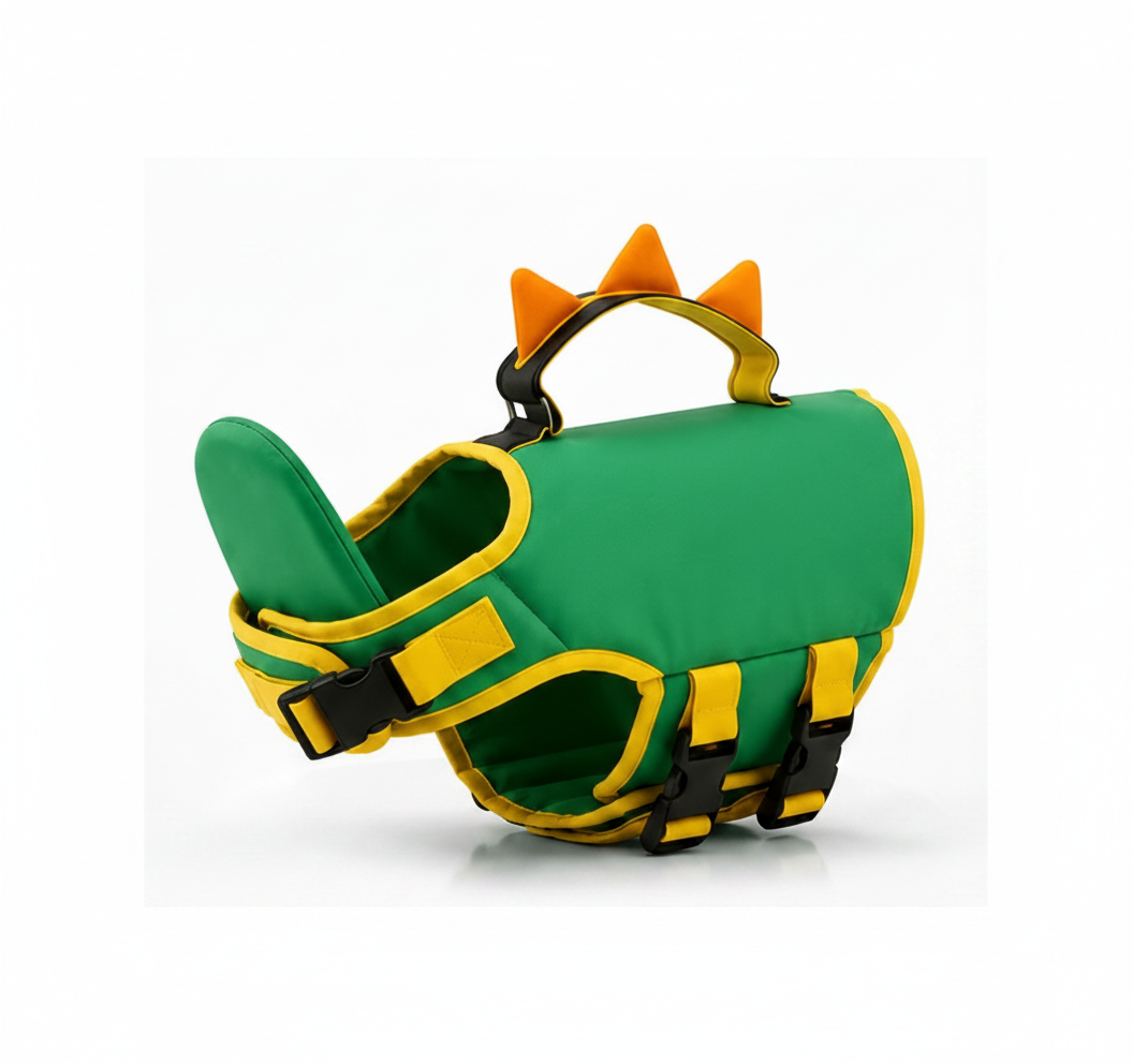 Flotador Canino estilo Dinosaurio: verde con púas naranjas