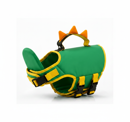 Flotador Canino estilo Dinosaurio: verde con púas naranjas