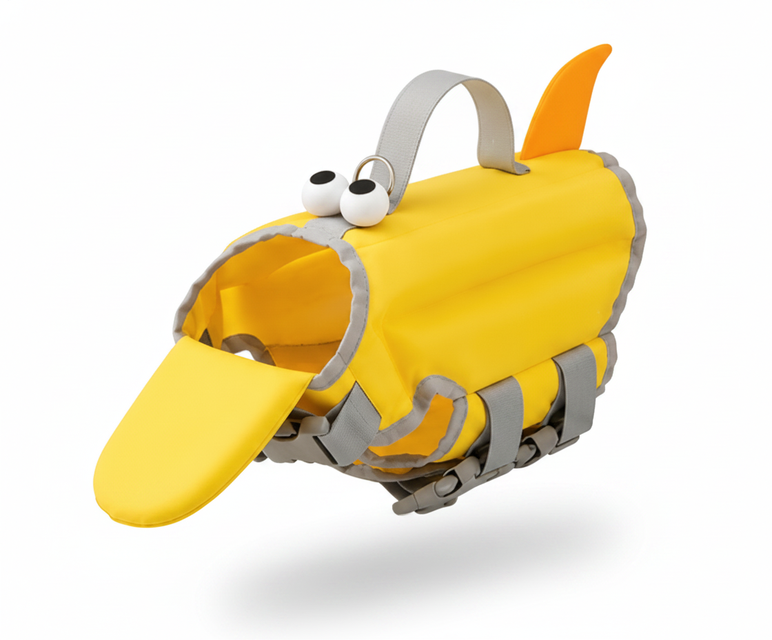 Flotador Canino estilo Pato: amarillo con pico, ojos y aleta naranja