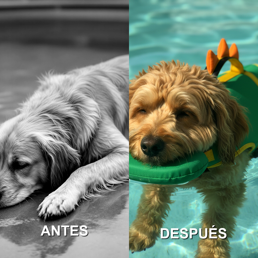 Antes y después: perro agotado tras nadar, y perro flotando relajado con el Flotador Canino