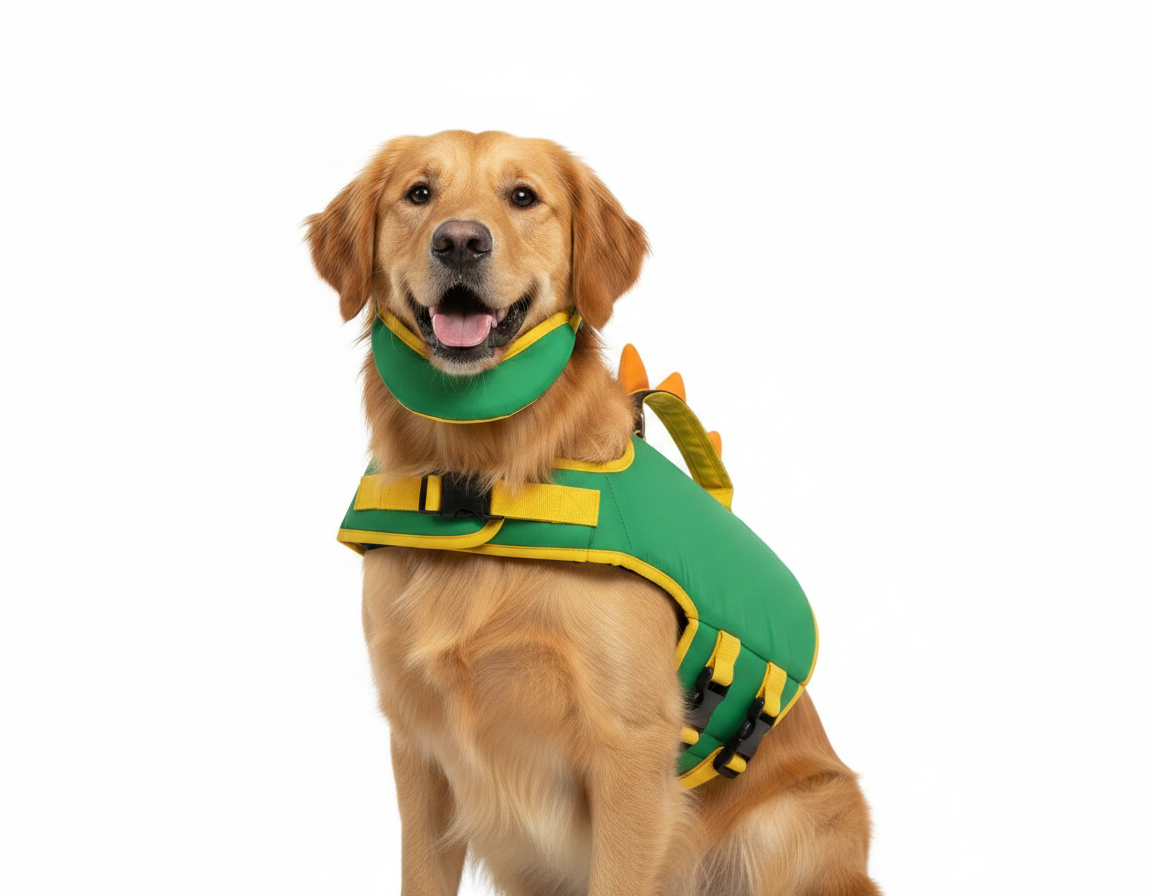 Perro llevando puesto el Flotador Canino verde con púas de dinosaurio