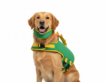 Perro llevando puesto el Flotador Canino verde con púas de dinosaurio