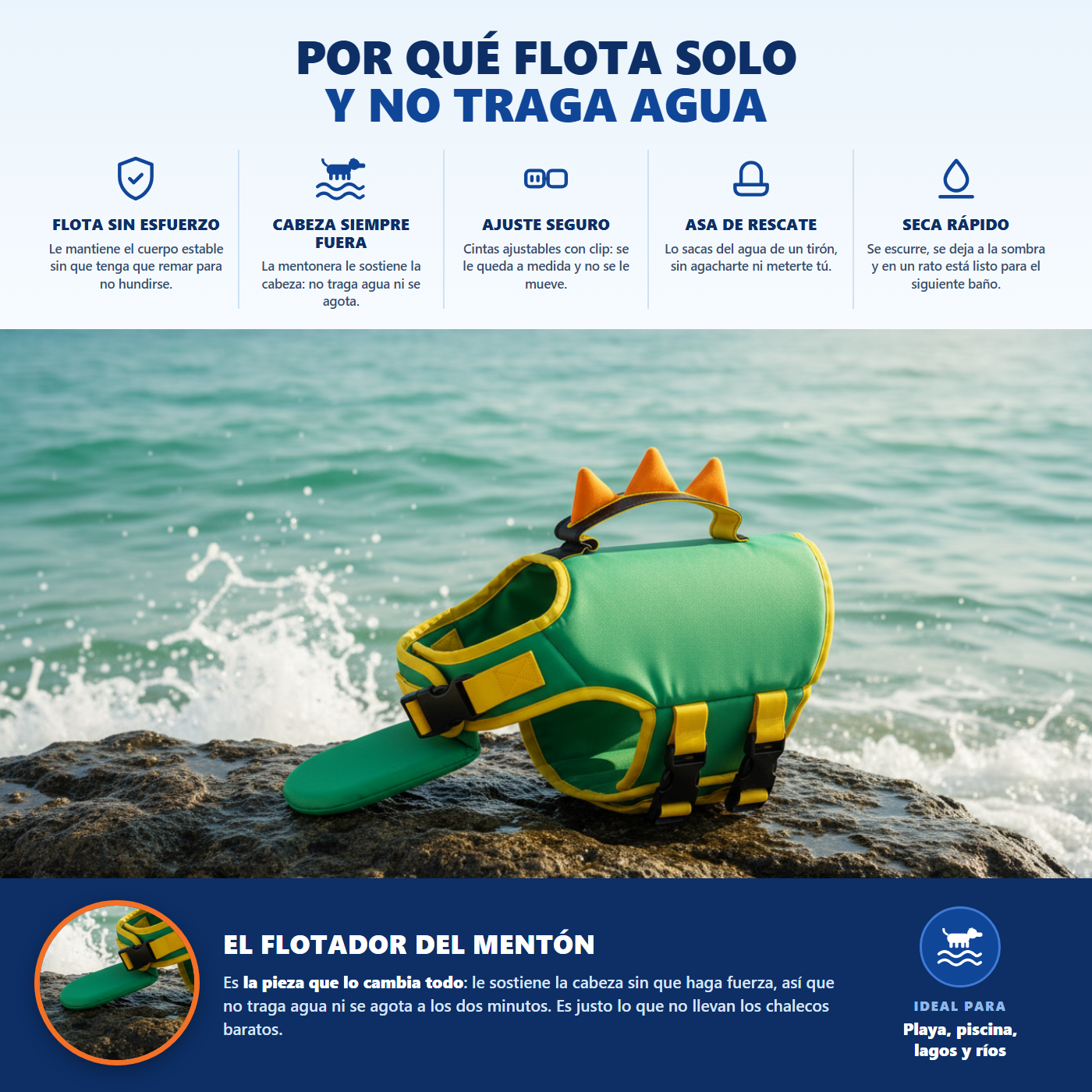 Por qué flota solo y no traga agua: flotabilidad, mentonera, ajuste, asa de rescate y secado rápido