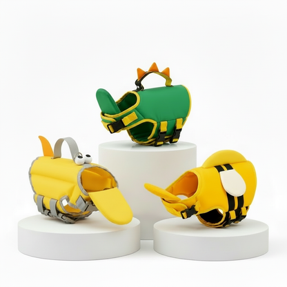 Los tres estilos del Flotador Canino: Dinosaurio verde, Pato amarillo y Abeja amarilla