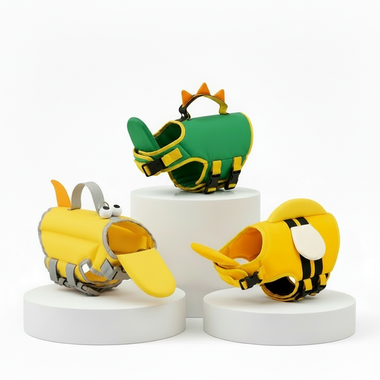 Los tres estilos del Flotador Canino: Dinosaurio verde, Pato amarillo y Abeja amarilla