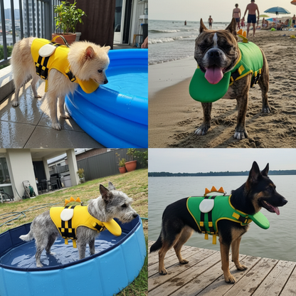 Perros de distintas razas y tamaños con el Flotador Canino en piscina, playa y lago